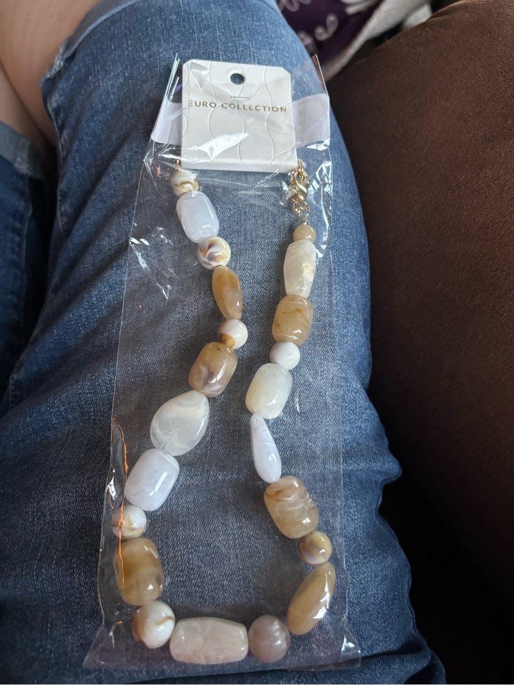 Handmade White and Beige Beaded Statement Necklace. Natural. Euro Collection.